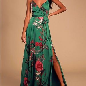 Lulus: Still the One Emerald Green Floral Print Satin Maxi Dress (size small)